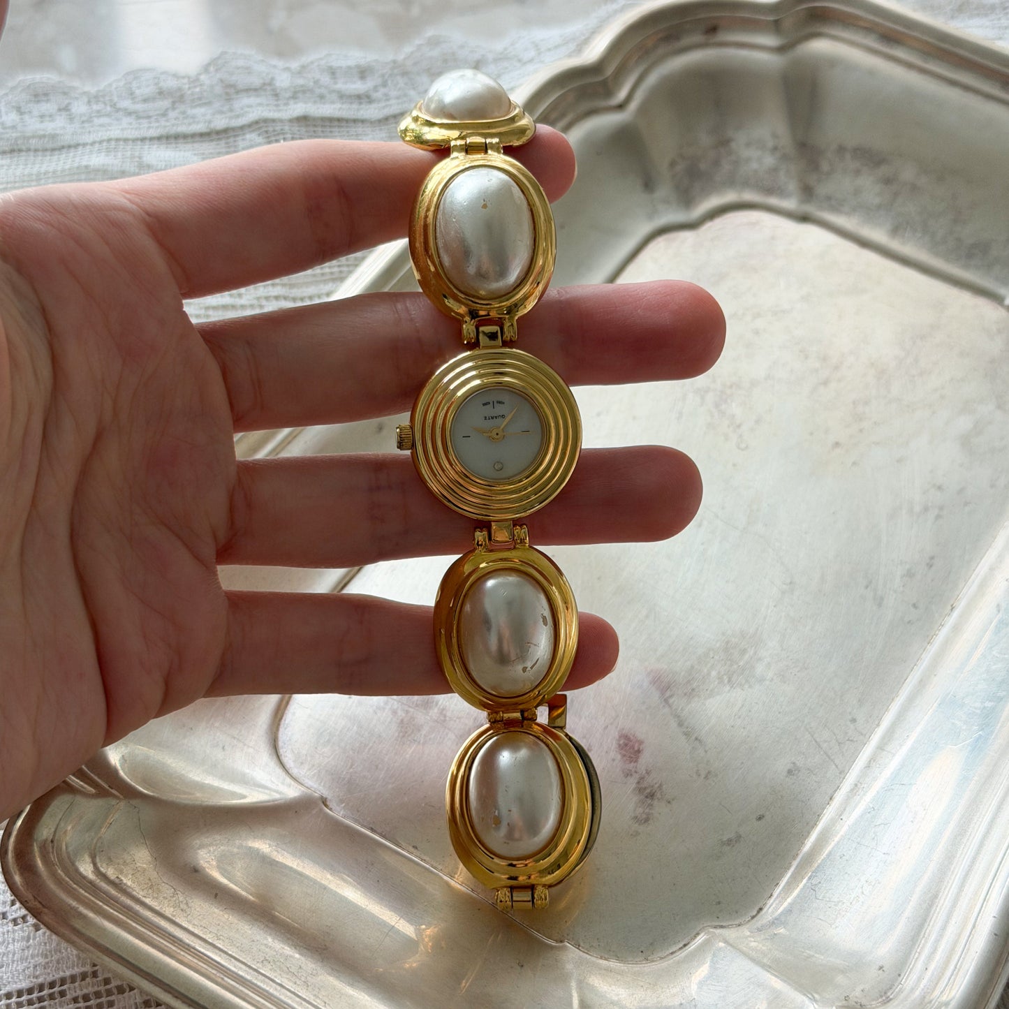 Vintage oval faux pearl watch