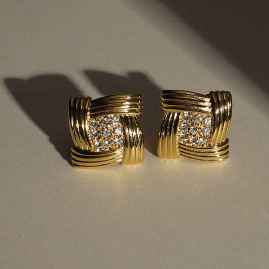1980s rhinestone square clip on earrings, Monet