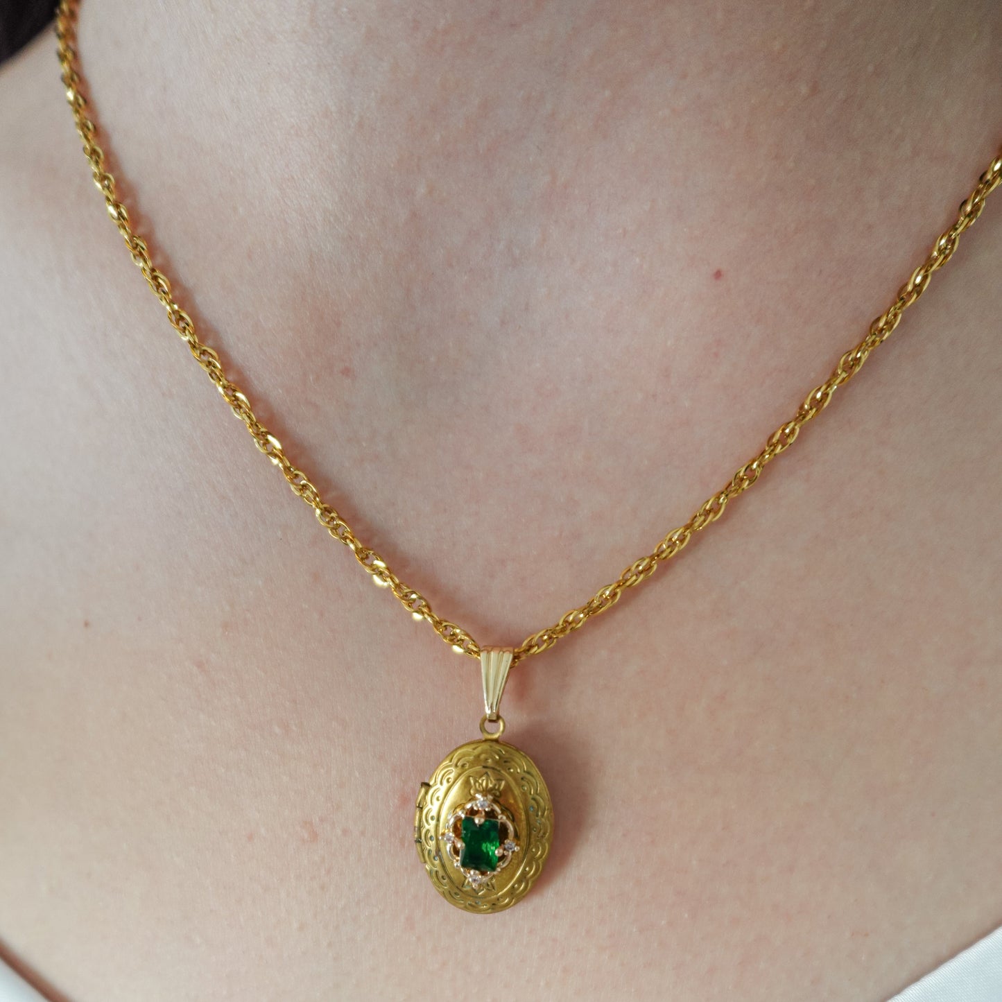 Vintage Green Paste Locket Necklace
