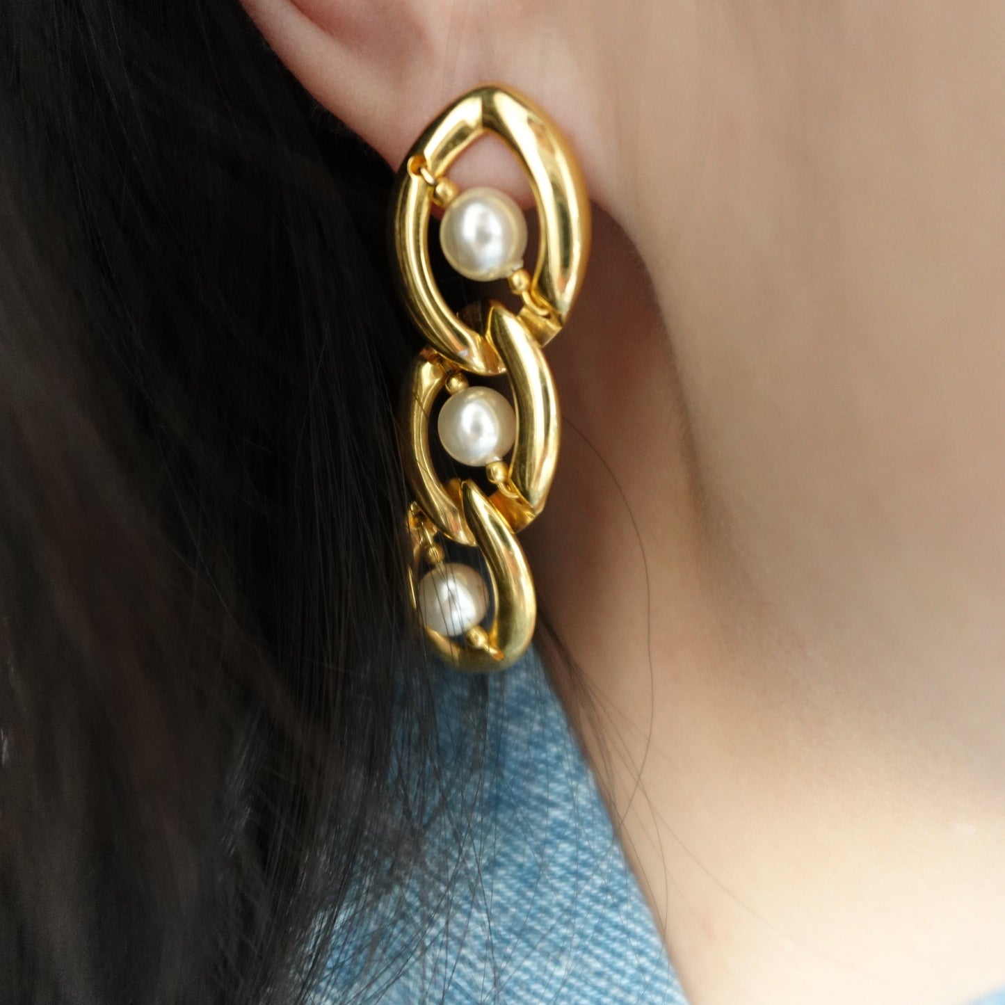Vintage faux pearls gold link earrings