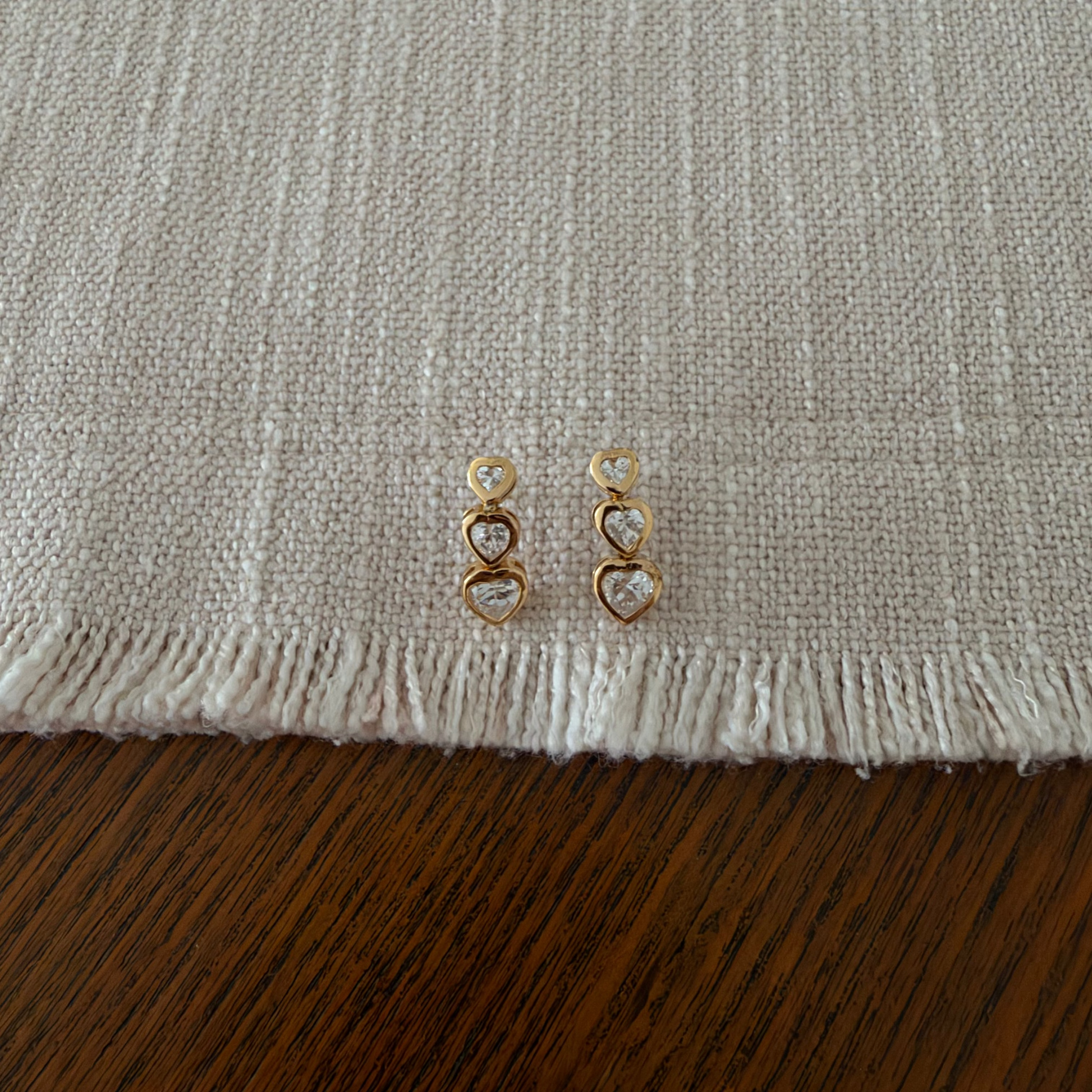 CZ gold-tone triple-heart pierced earrings, view 2