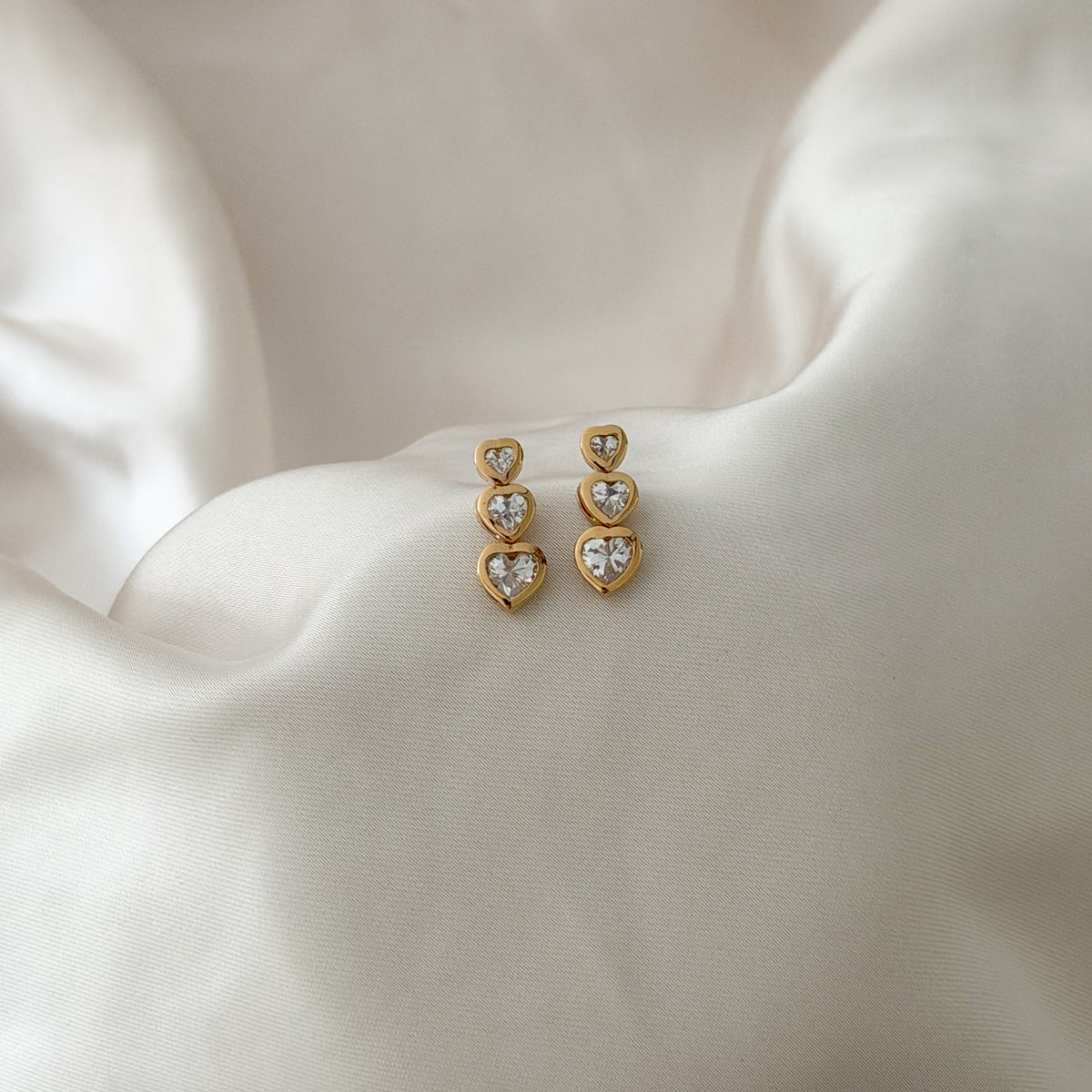 CZ gold-tone triple-heart pierced earrings, view 3