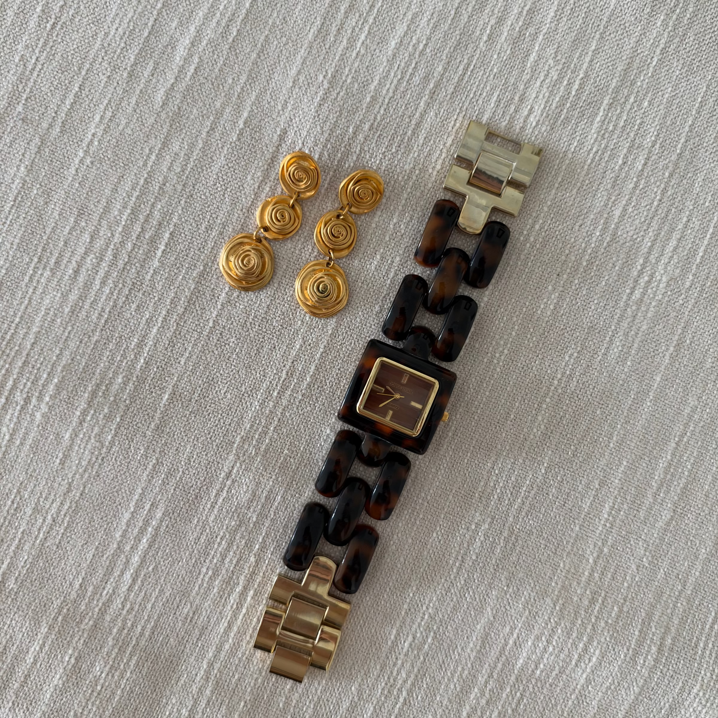 Gold-tone swirl dangle earrings with watch