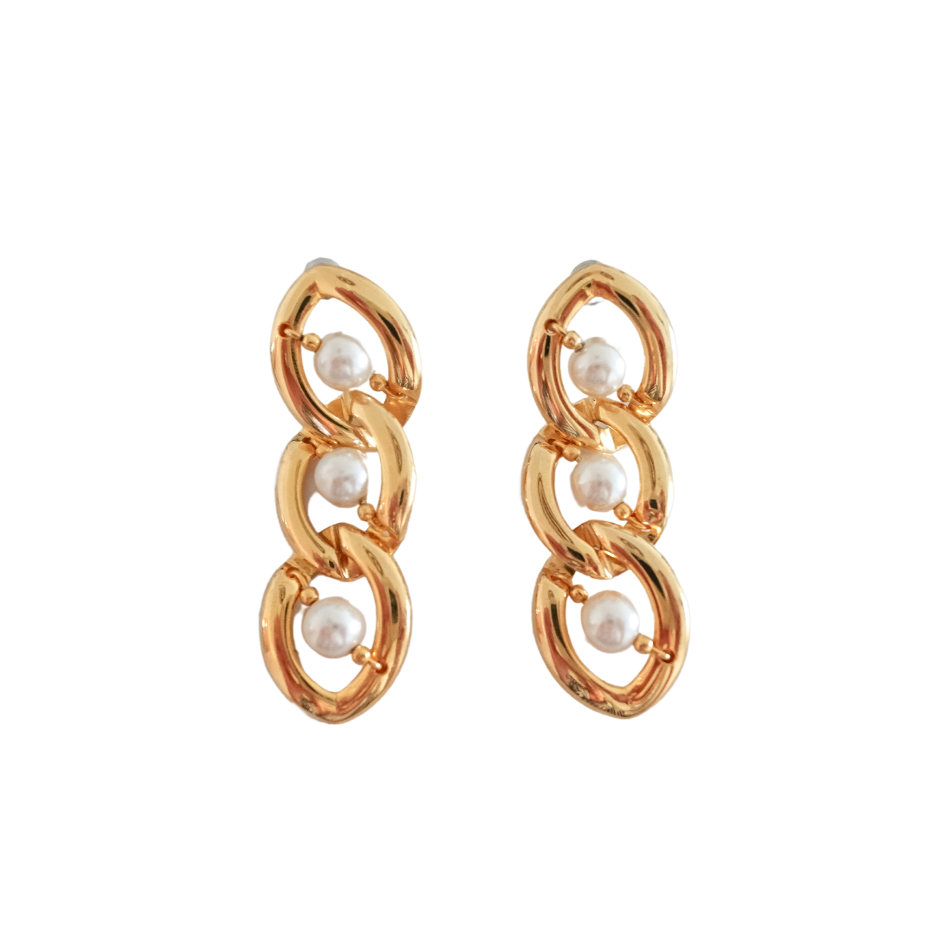 Vintage faux pearls gold link earrings